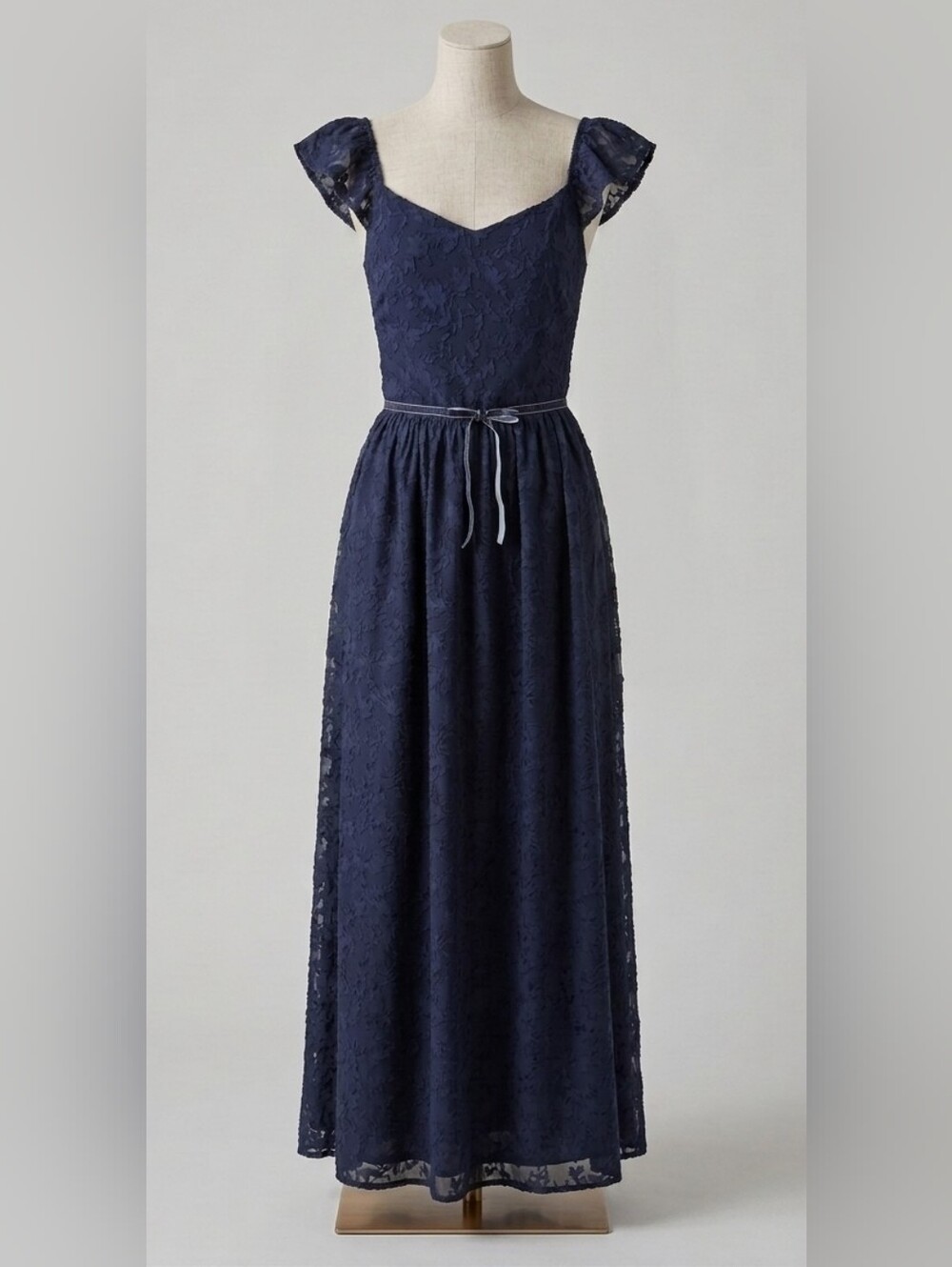 Lace Cap-Sleeve Navy Maxi Dress with Waist Tie